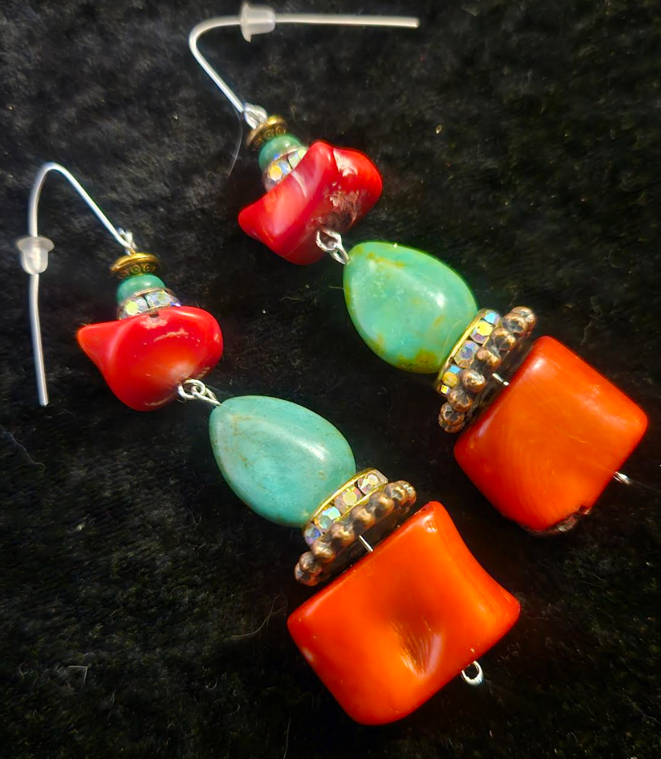 Red Coral and Turquoise Dangle Pierced Statement Earrings Bold & Chu