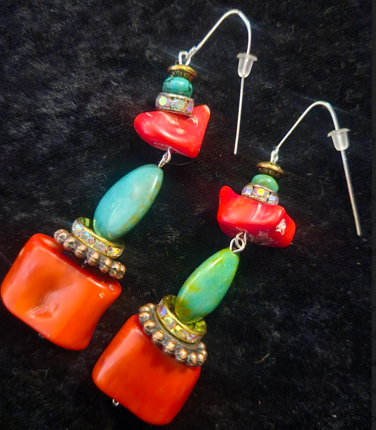 Red Coral and Turquoise Dangle Pierced Statement Earrings Bold & Chu