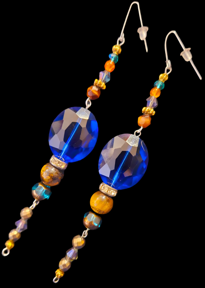 Blue and Brown Crystal Long Pierced Statement Earrings Lightweight B