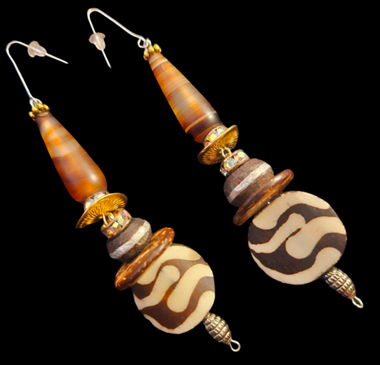 Earthy Agate Wood & Bone Beaded Dangle Pierced Statement Earrings Au