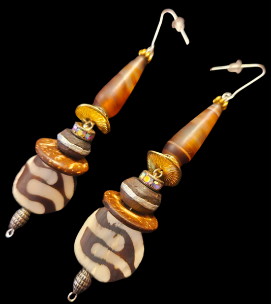 Earthy Agate Wood & Bone Beaded Dangle Pierced Statement Earrings