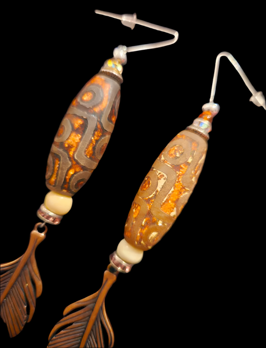 Exotic Tribal Dzi Bead Shoulder Duster Earrings - Copper Leaves