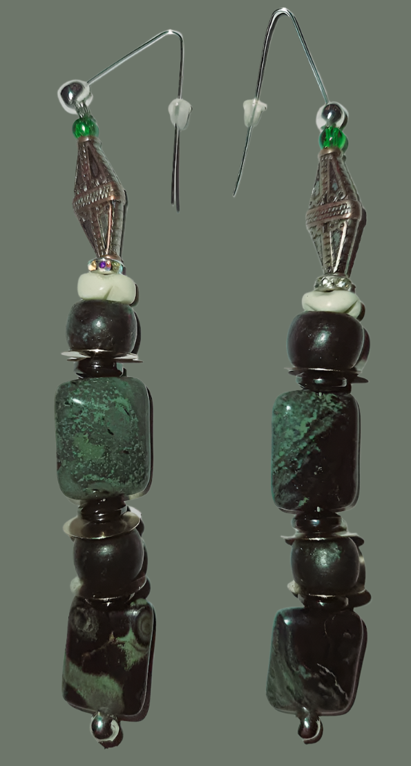 Kambaba Jasper Beaded Dangle Pierced Statement Earrings Crocodile Ey