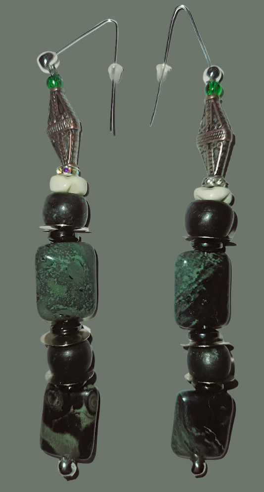 Kambaba Jasper Beaded Dangle Pierced Statement Earrings - Crocodile Eye
