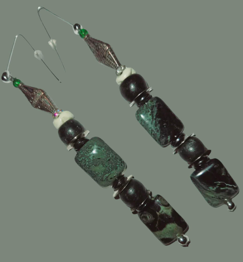 Kambaba Jasper Beaded Dangle Pierced Statement Earrings Crocodile Ey