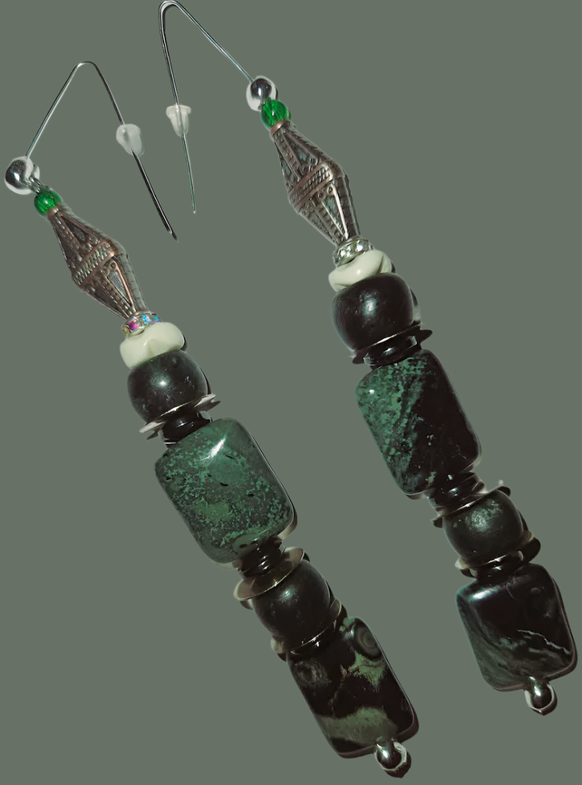 Kambaba Jasper Beaded Dangle Pierced Statement Earrings - Crocodile Eye