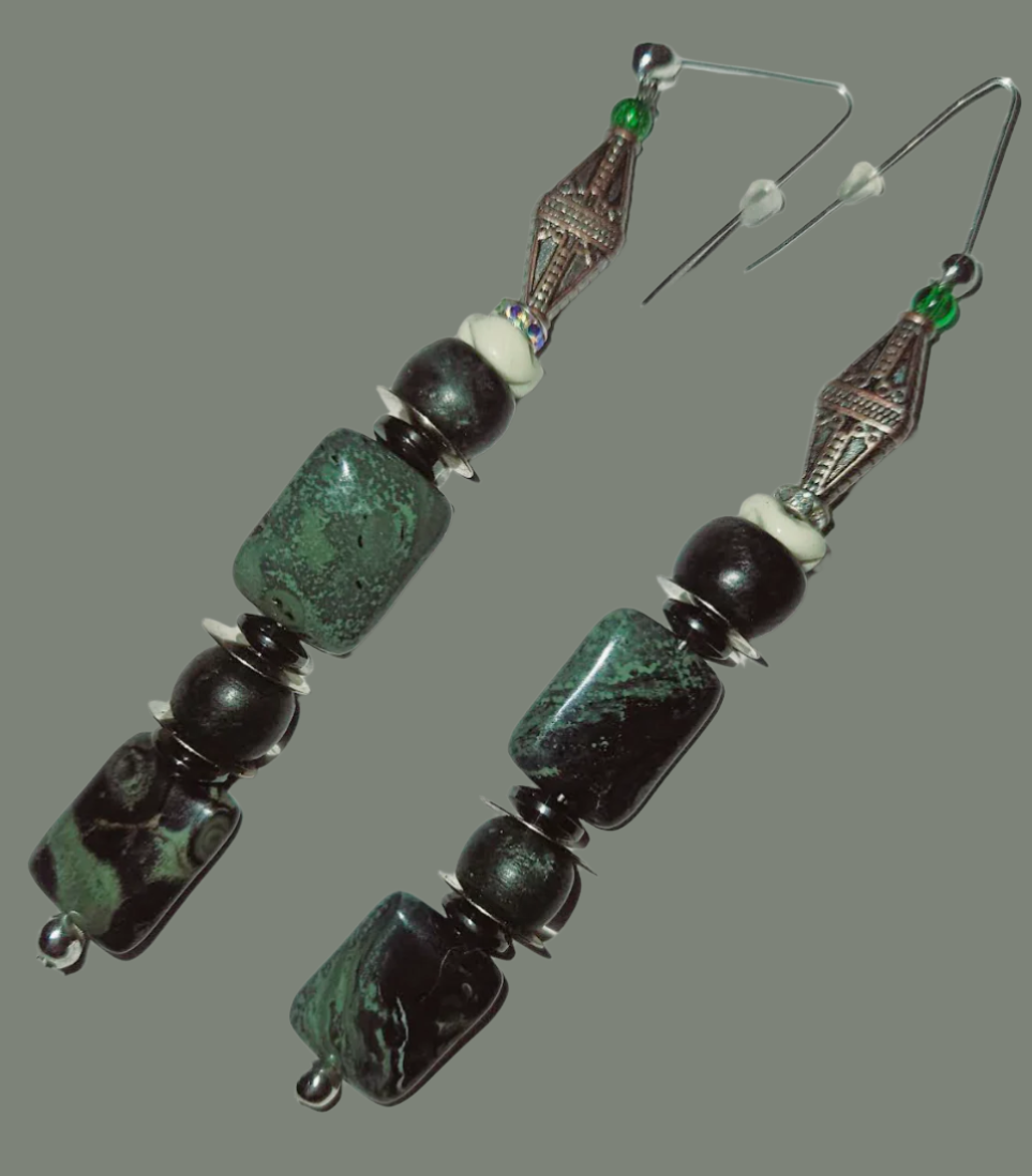 Kambaba Jasper Beaded Dangle Pierced Statement Earrings - Crocodile Eye