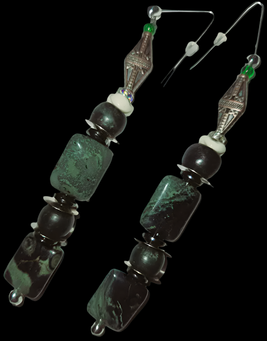 Kambaba Jasper Beaded Dangle Pierced Statement Earrings Crocodile Ey
