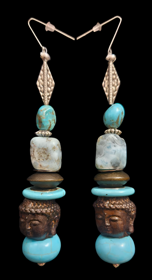 Blue & Brown Buddha Beaded Dangle Pierced Statement Earrings Casual