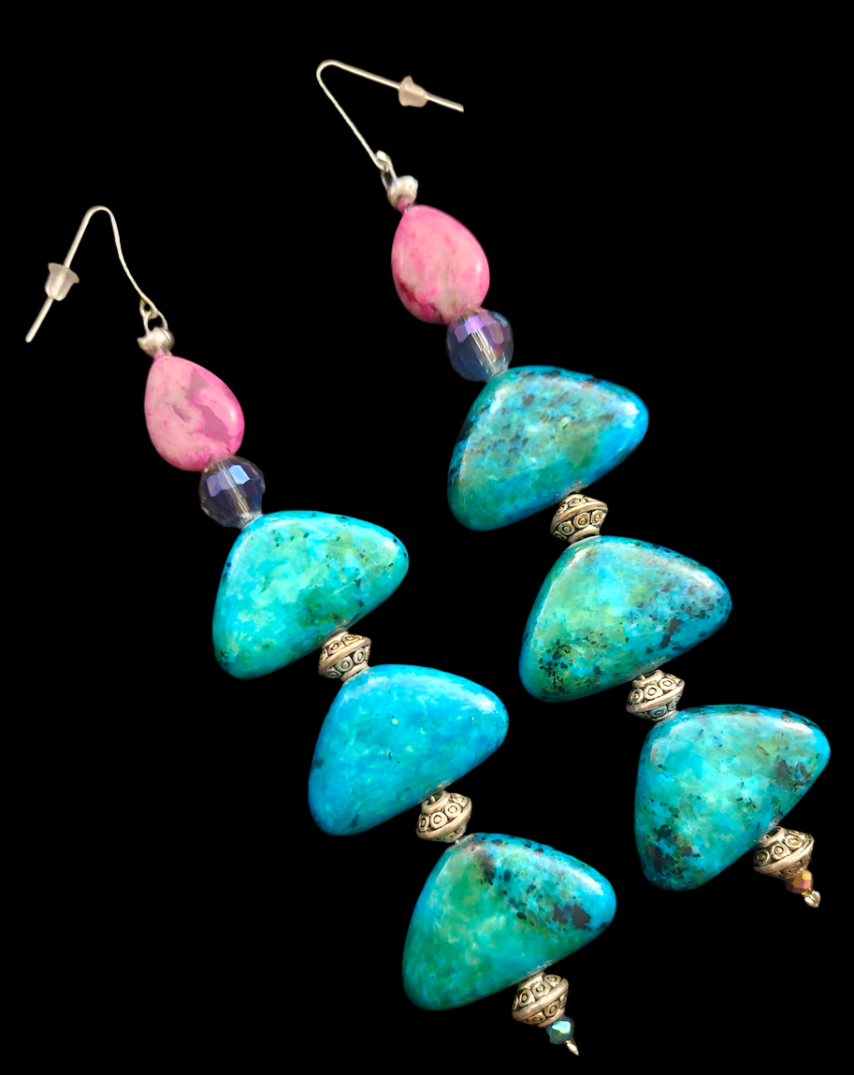 Chrysocolla Beaded Shoulder Dusters Blue Green & Pink Exotic Long