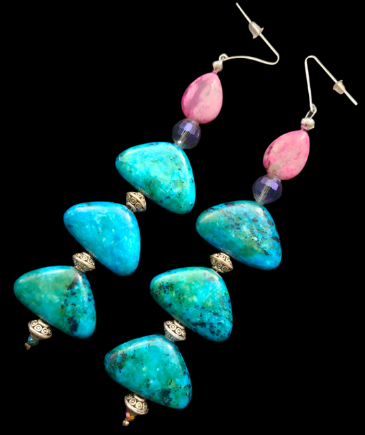 Chrysocolla Beaded Shoulder Dusters Blue Green & Pink Exotic Long