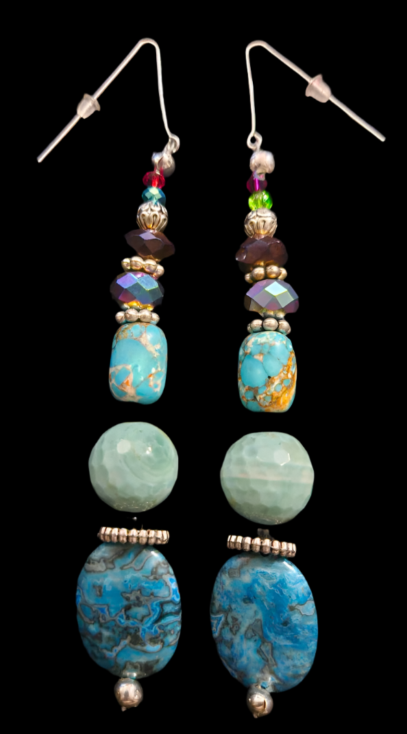Blue Gemstone Shoulder Dusters Mixed Media Long Beaded Pierced Ea