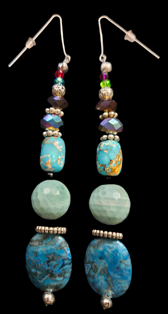Blue Gemstone Shoulder Dusters Mixed Media Long Beaded Pierced Ea