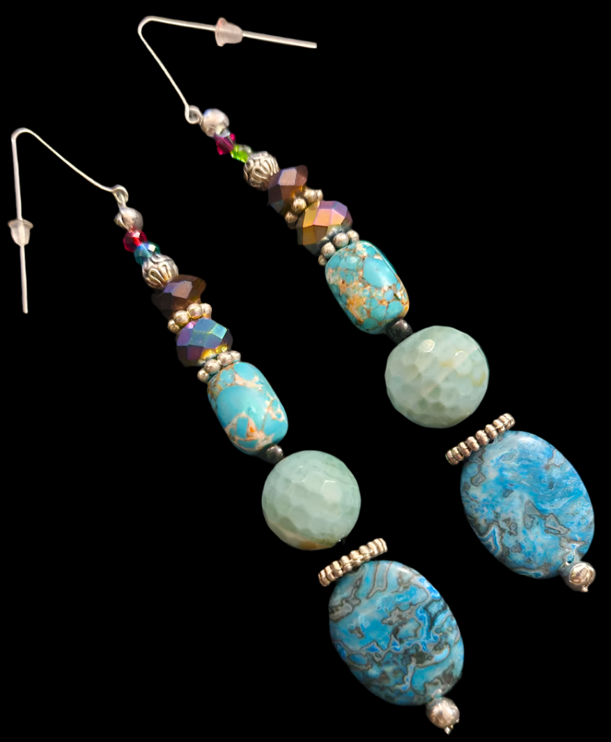 Blue Gemstone Shoulder Dusters Mixed Media Long Beaded Pierced Ea