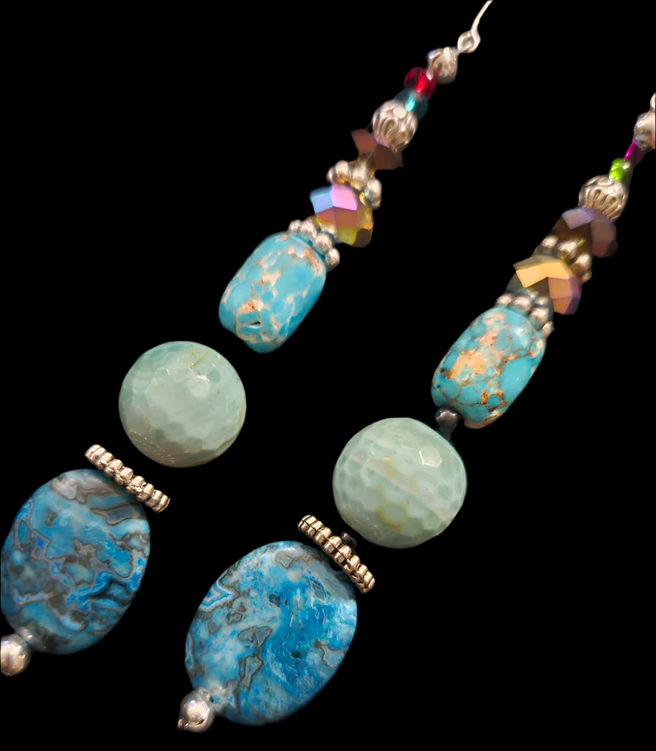 Blue Gemstone Shoulder Dusters Mixed Media Long Beaded Pierced Ea