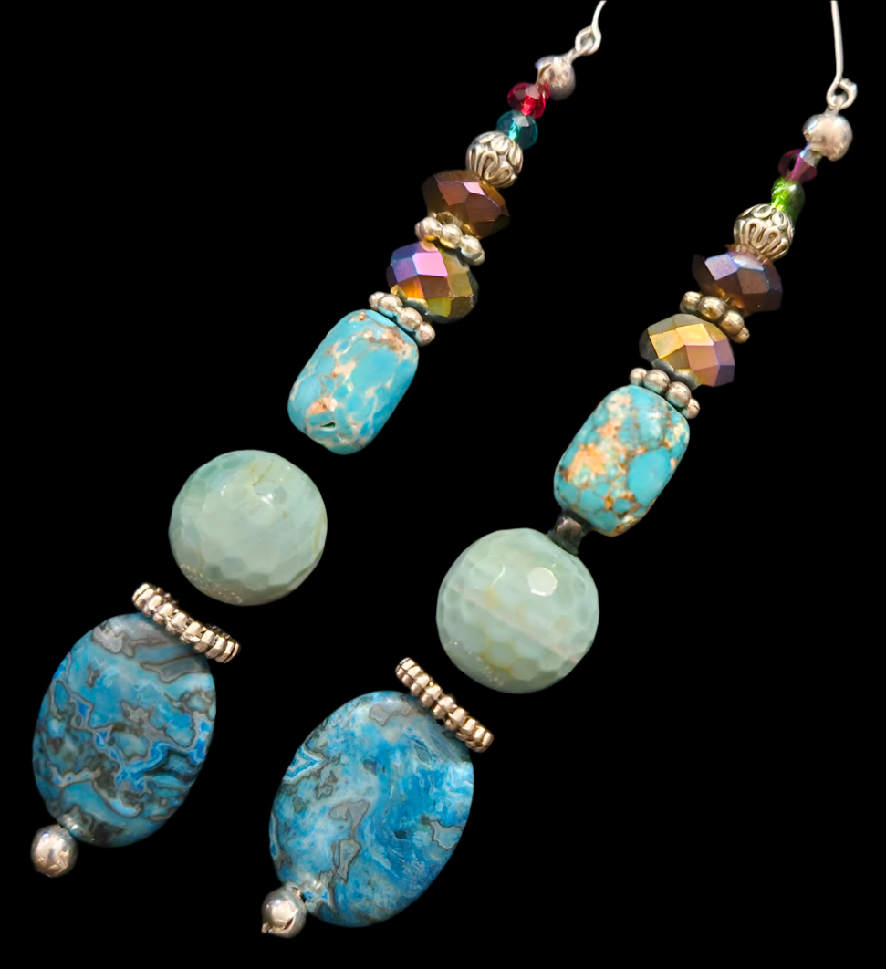 Blue Gemstone Shoulder Dusters Mixed Media Long Beaded Pierced Ea