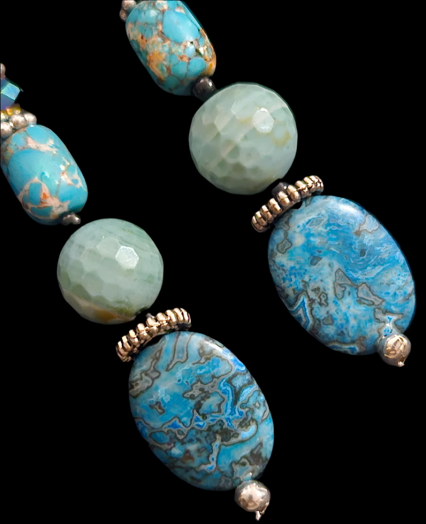 Blue Gemstone Shoulder Dusters Mixed Media Long Beaded Pierced Ea