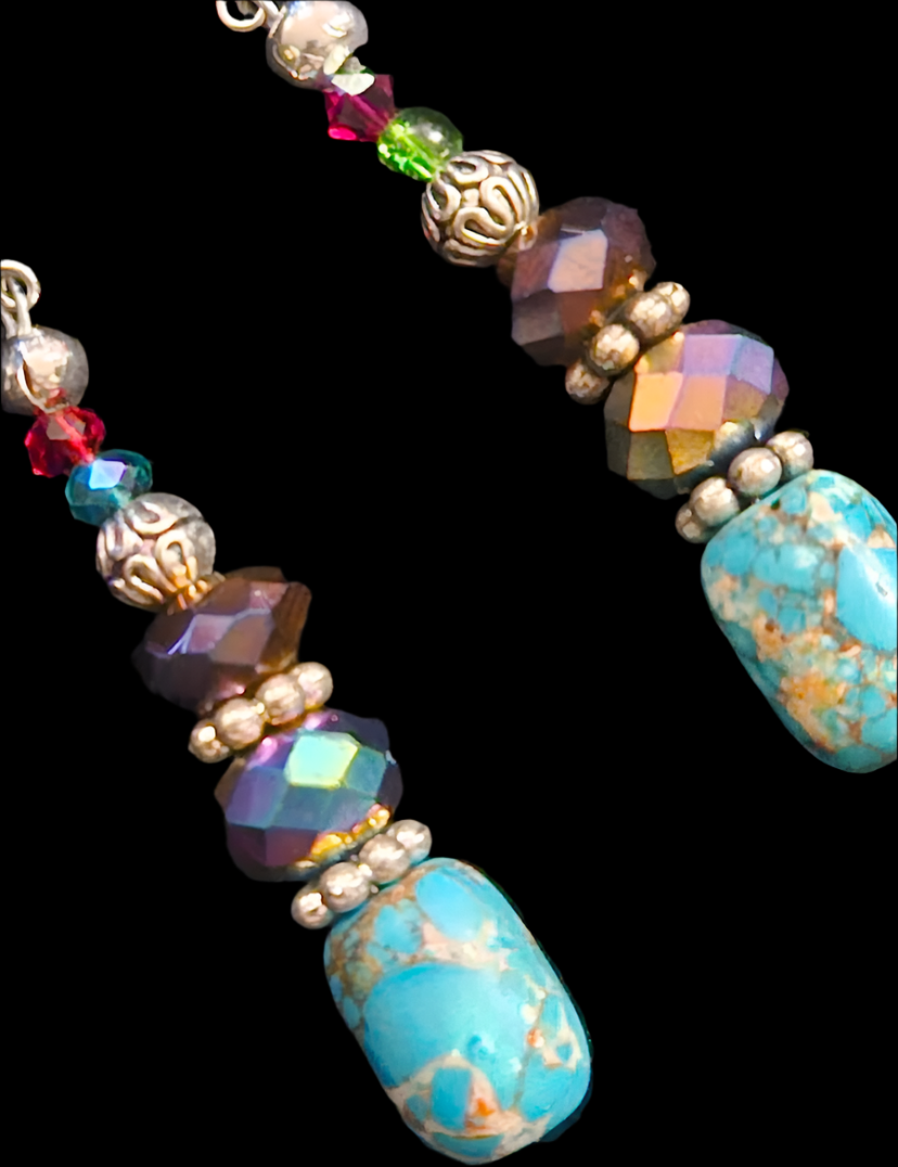 Blue Gemstone Shoulder Dusters Mixed Media Long Beaded Pierced Ea