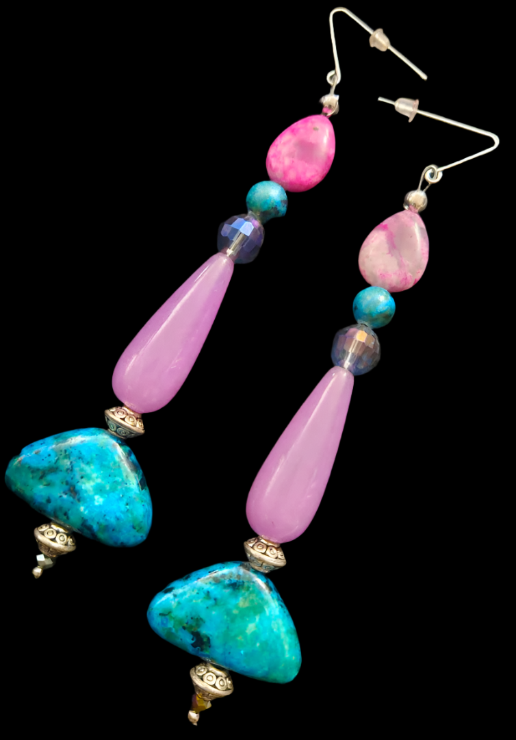 Art Deco Styled Super Long Pierced Statement Earrings - Jewel Tones