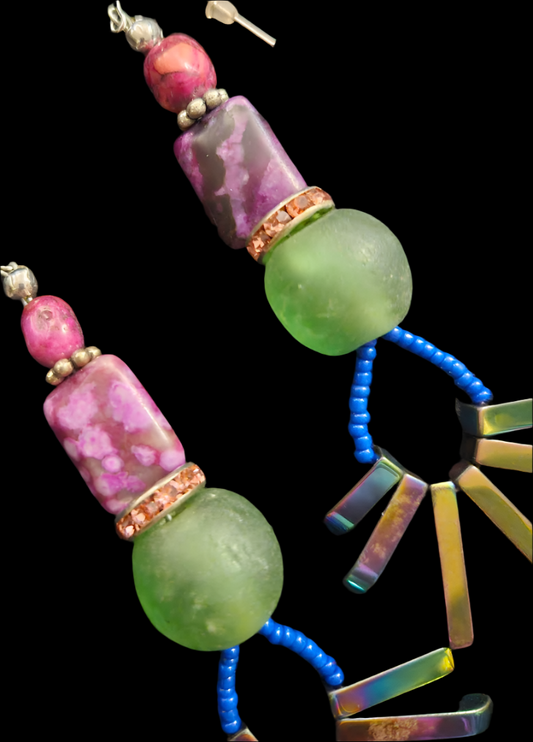 Colorful Mixed Media Long Pierced Statement Earrings Spiky Titanium