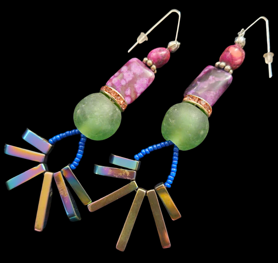 Colorful Mixed Media Long Pierced Statement Earrings Spiky Titanium