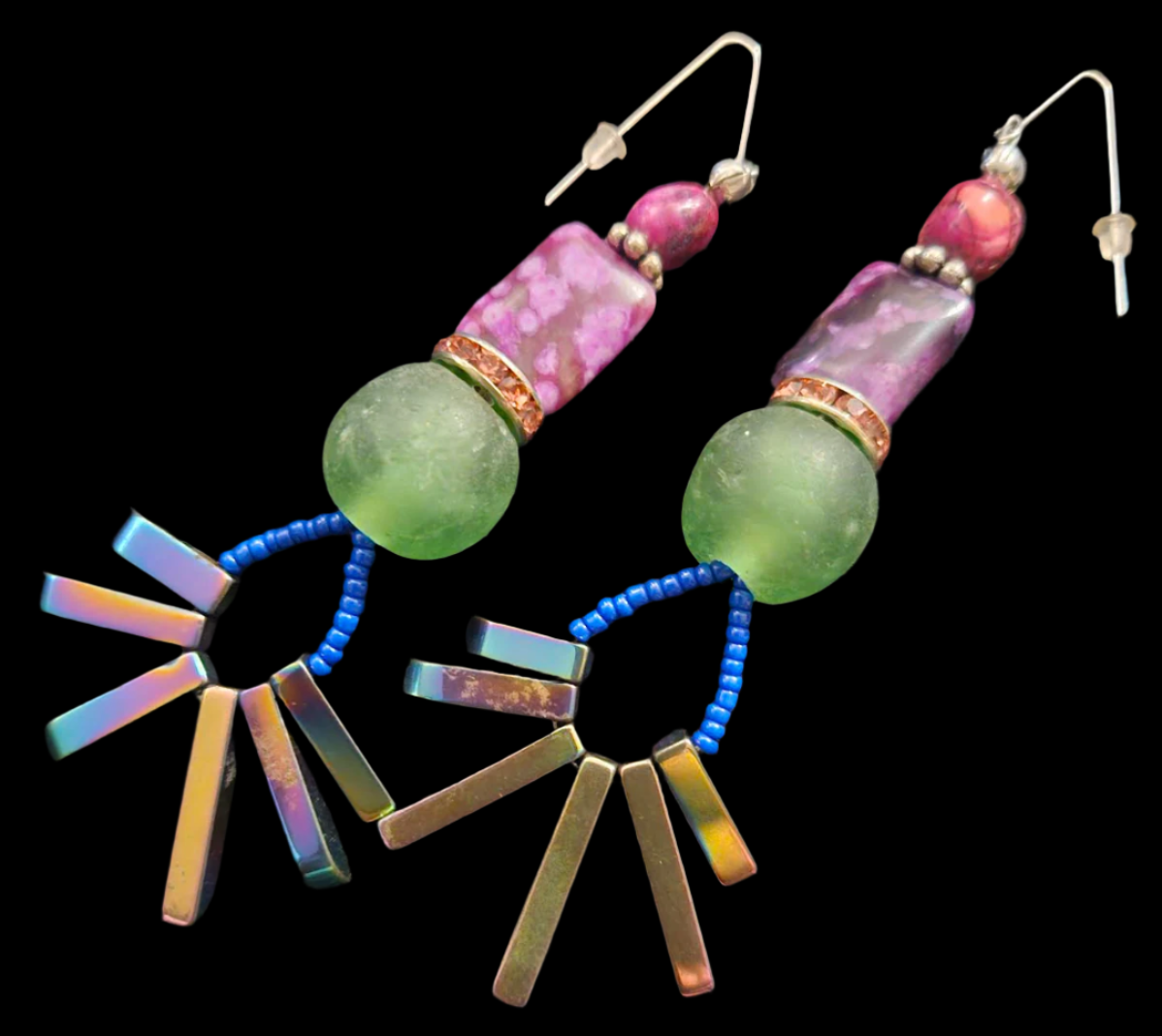 Colorful Mixed Media Long Pierced Statement Earrings Spiky Titanium
