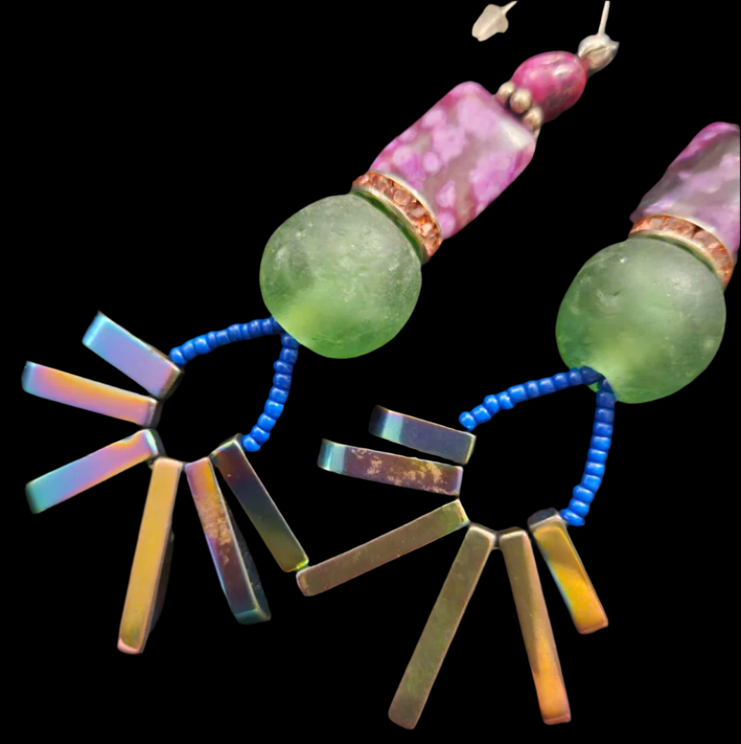 Colorful Mixed Media Long Pierced Statement Earrings Spiky Titanium
