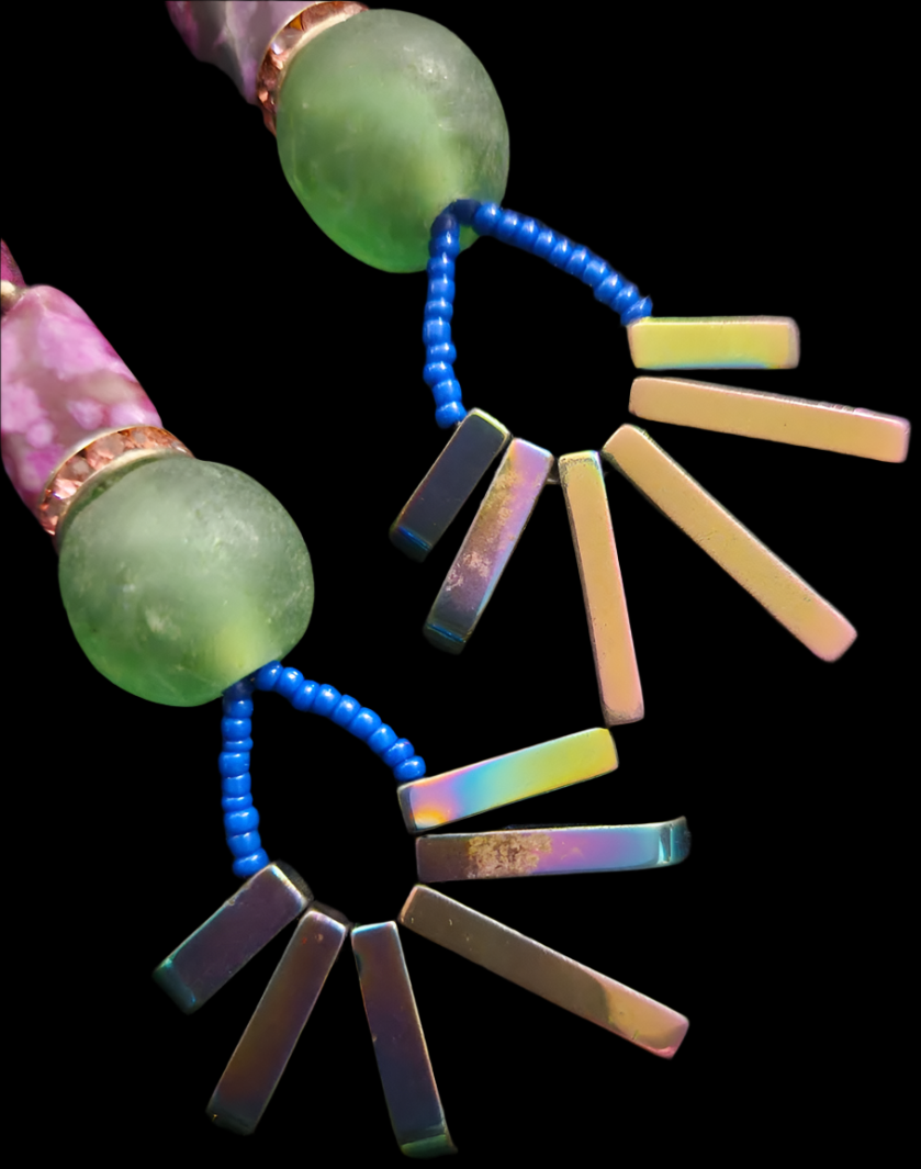 Colorful Mixed Media Long Pierced Statement Earrings Spiky Titanium