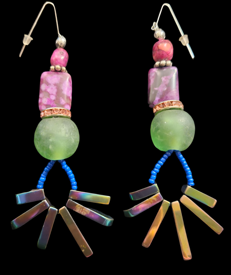 Colorful Mixed Media Long Pierced Statement Earrings Spiky Titanium