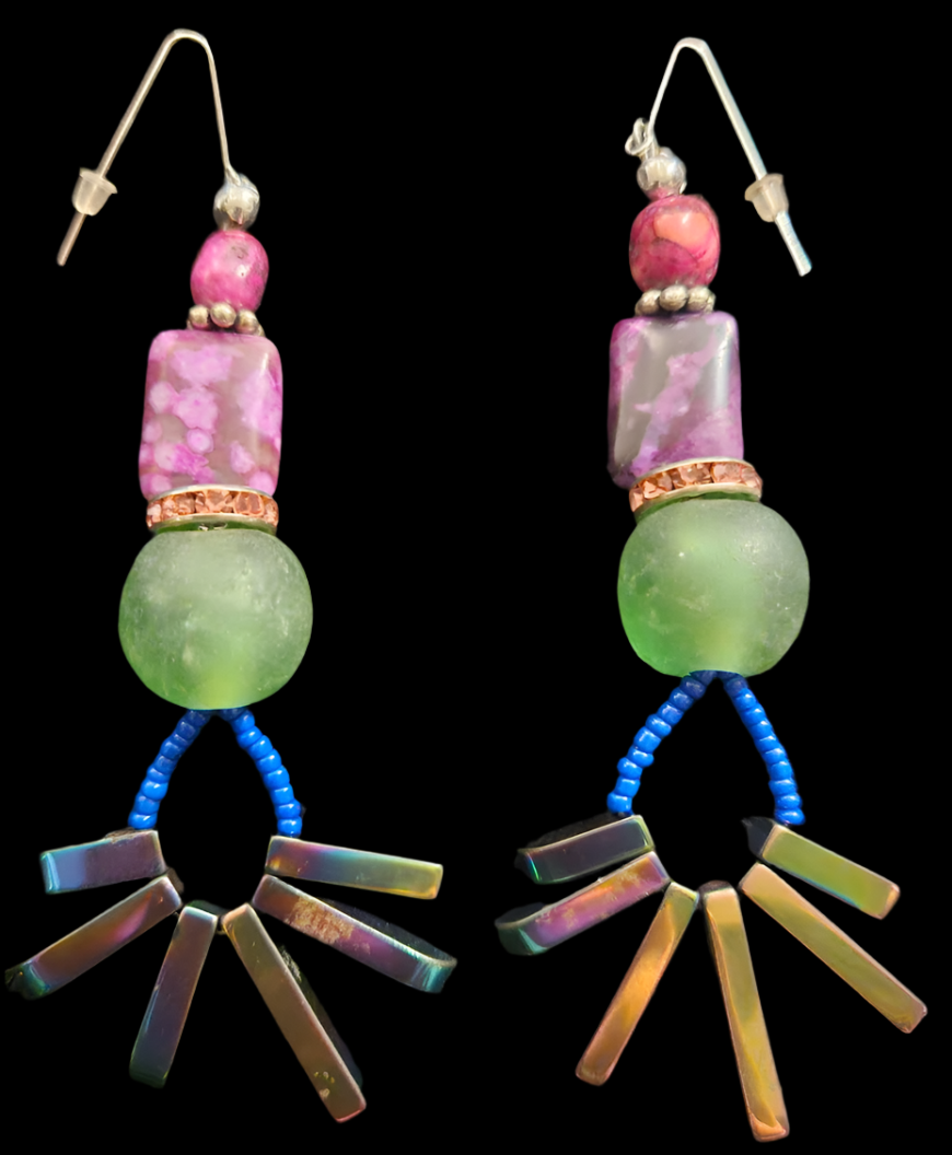 Colorful Mixed Media Long Pierced Statement Earrings Spiky Titanium