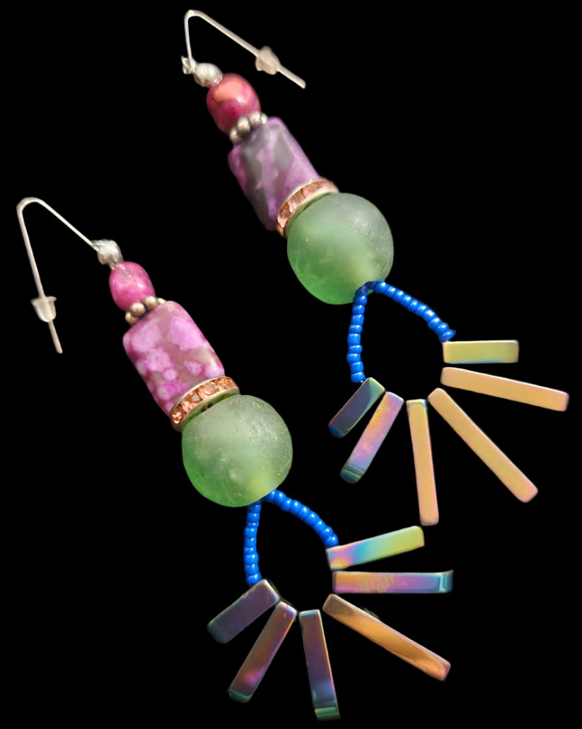Colorful Mixed Media Long Pierced Statement Earrings Spiky Titanium