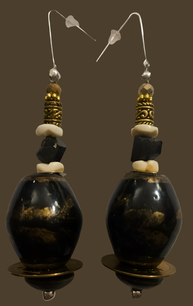 Black Brown & Gold Oversized Porcelain Beaded Dangles Rich and Po