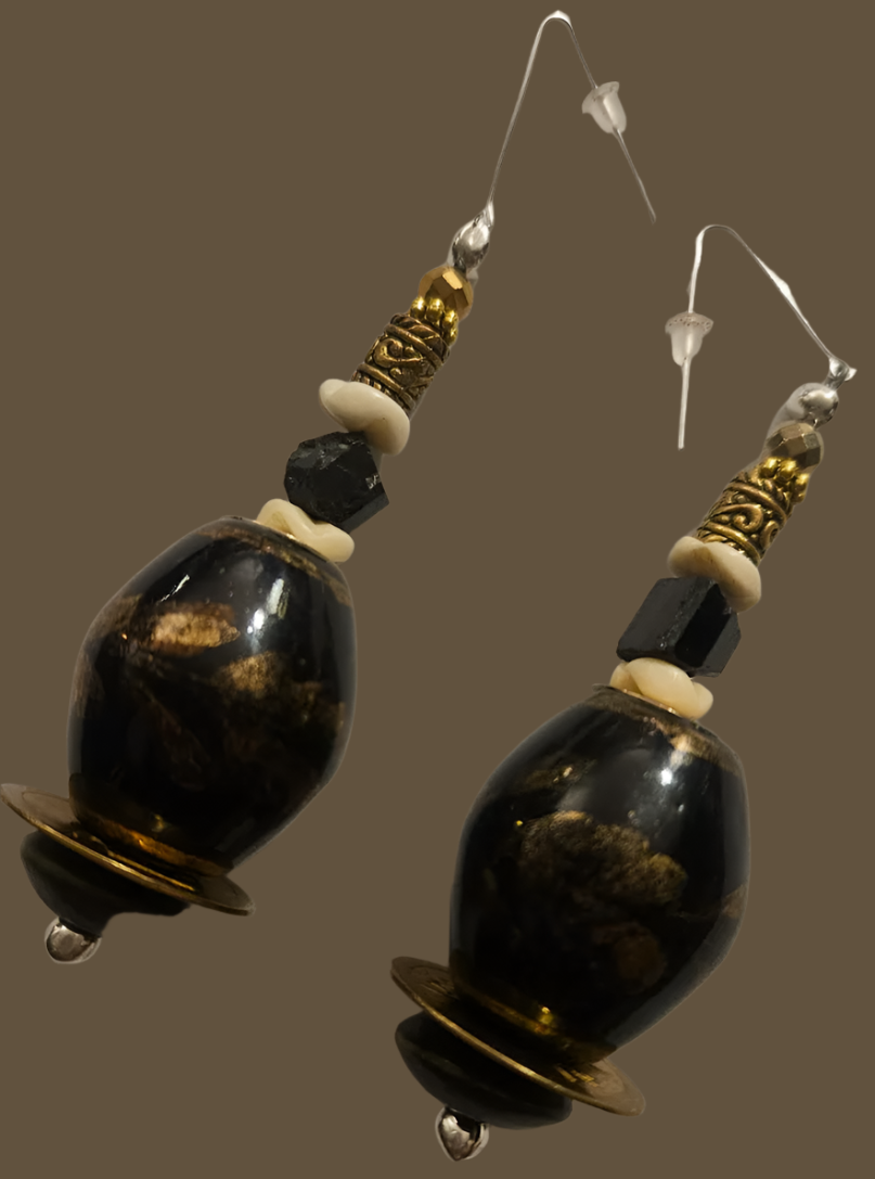 Black Brown & Gold Oversized Porcelain Beaded Dangles Rich and Po
