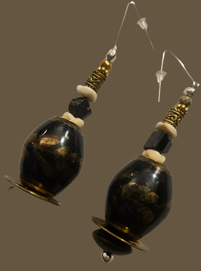 Black Brown & Gold Oversized Porcelain Beaded Dangles Rich and Po
