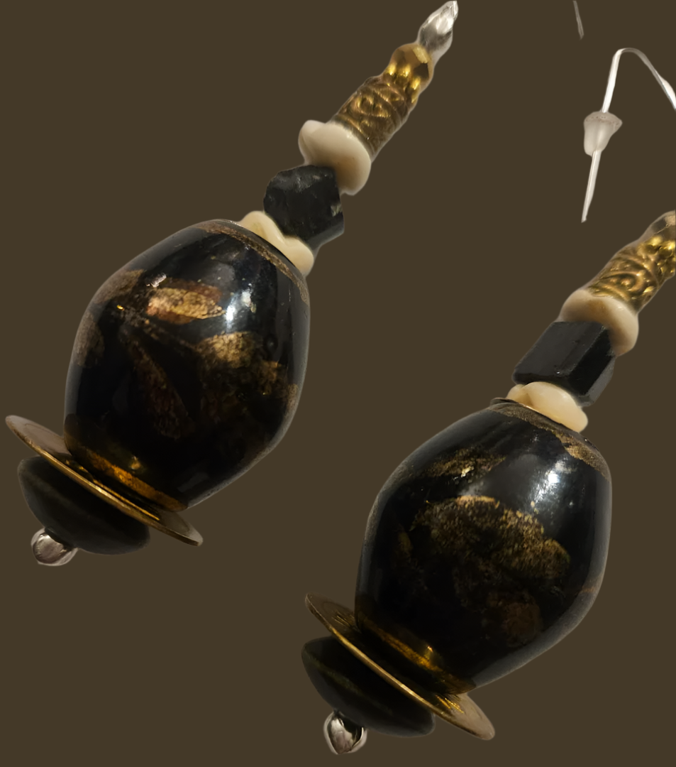 Black Brown & Gold Oversized Porcelain Beaded Dangles Rich and Po
