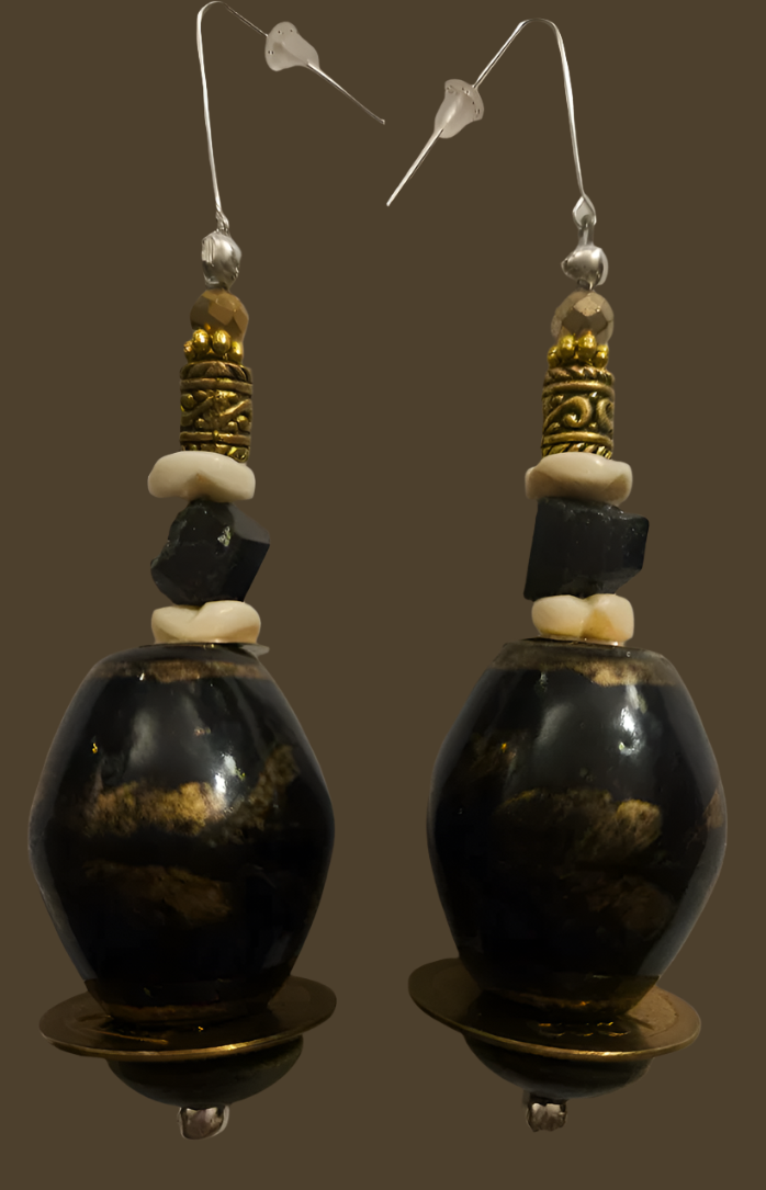 Black Brown & Gold Oversized Porcelain Beaded Dangles Rich and Po