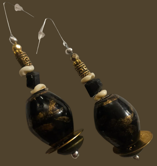 Black Brown & Gold Oversized Porcelain Beaded Dangles Rich and Po