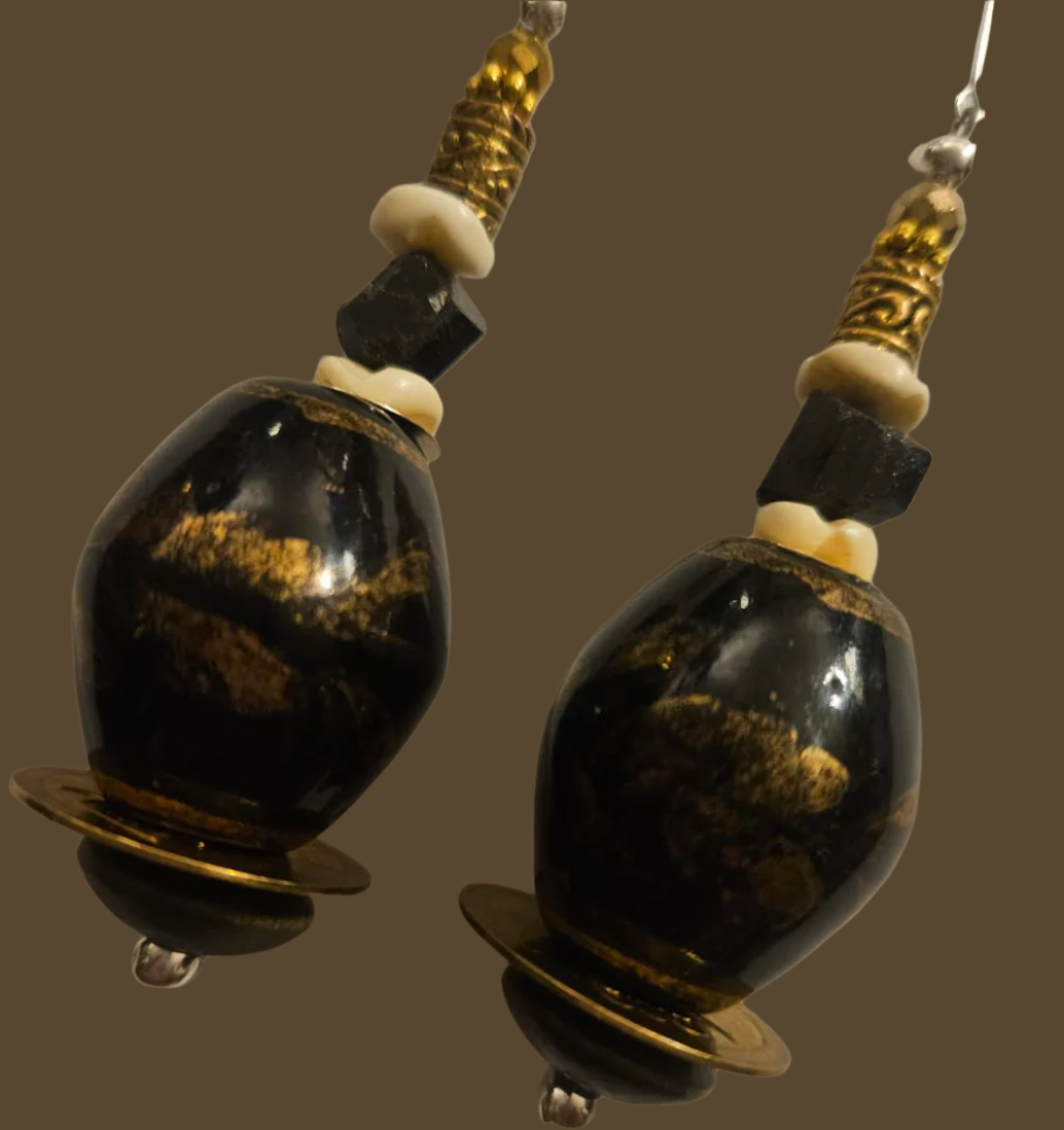 Black Brown & Gold Oversized Porcelain Beaded Dangles Rich and Po