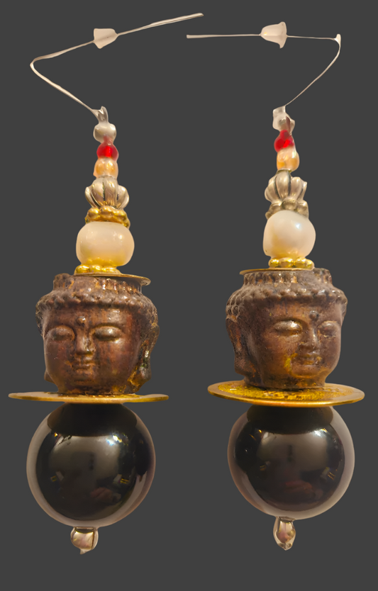 Black & Brown Buddha Head Beaded Dangle Statement Earrings