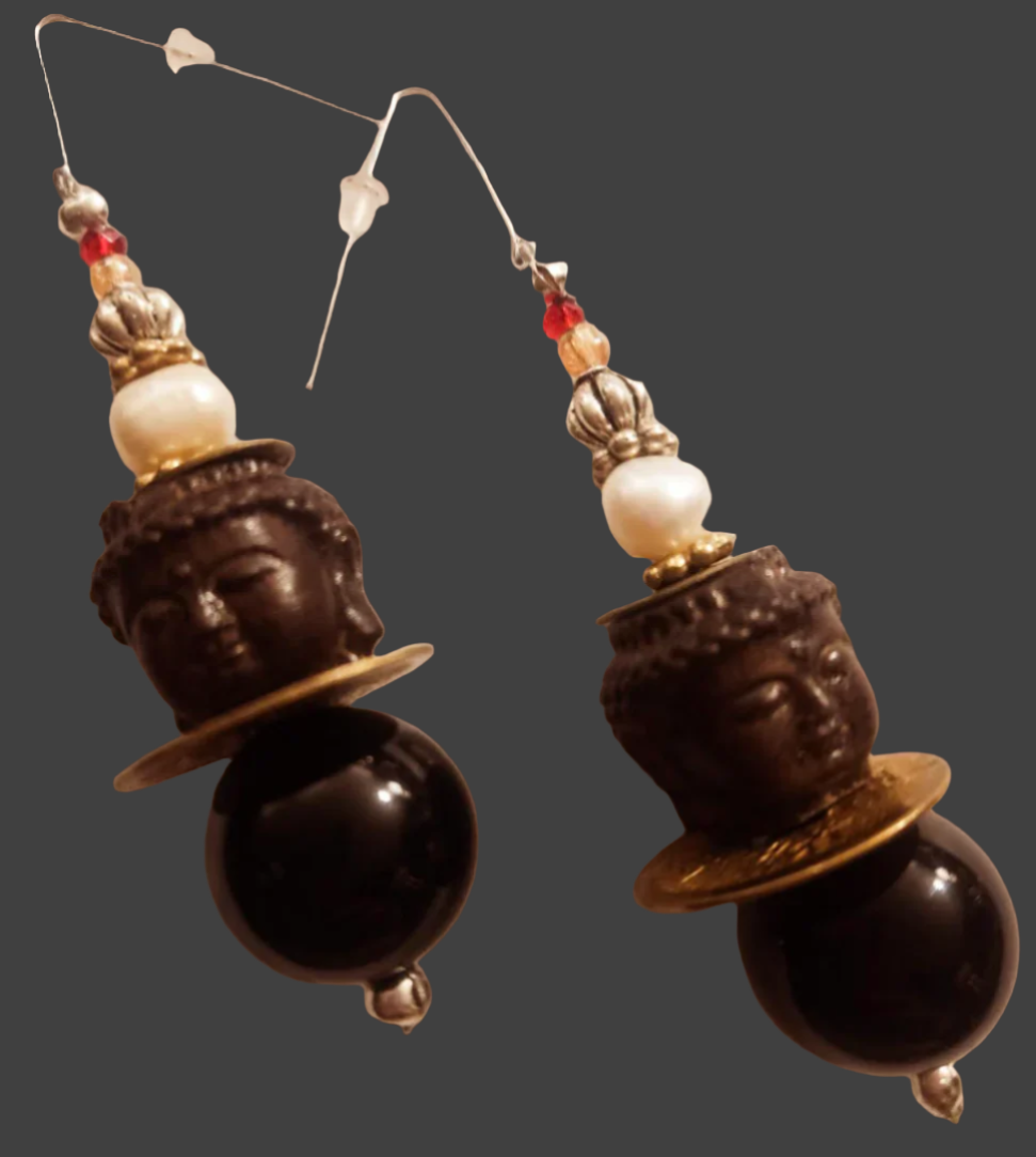 Black & Brown Buddha Head Beaded Dangle Statement Earrings Tibetan Sp