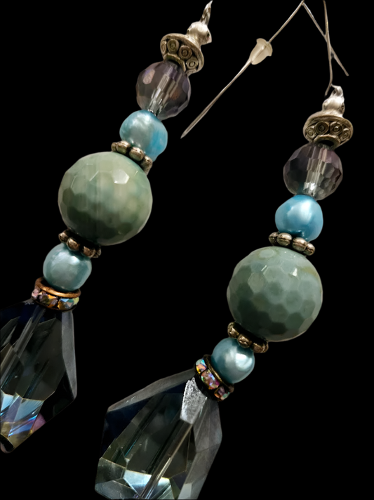 Blue Faceted Glass Pearl & Gemstone Long Pierced Statement Earrings