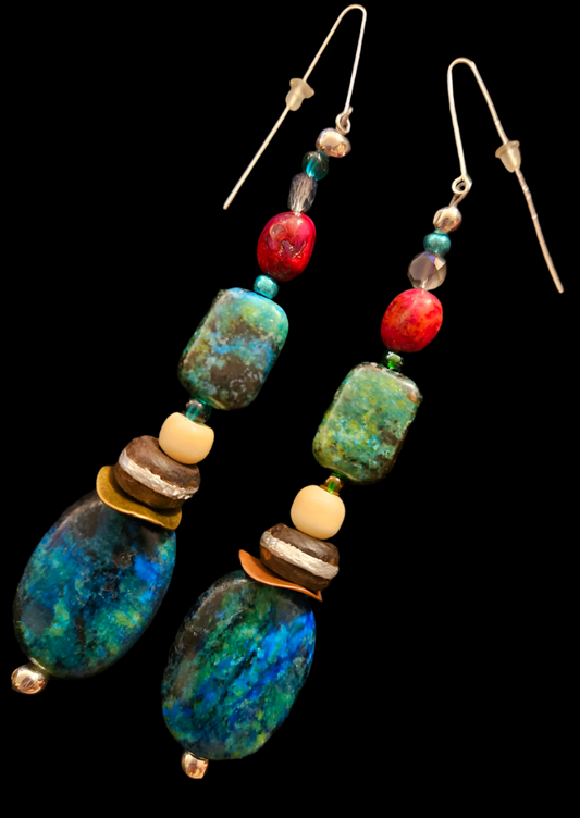 Chrysocolla Beaded Shoulder Dusters - Blue Green Fuchsia Dangles