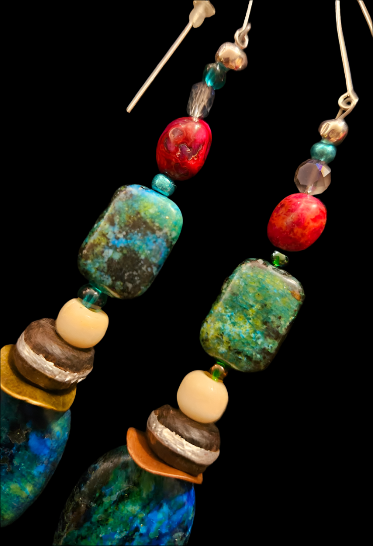 Chrysocolla Beaded Shoulder Dusters - Blue Green Fuchsia Dangles