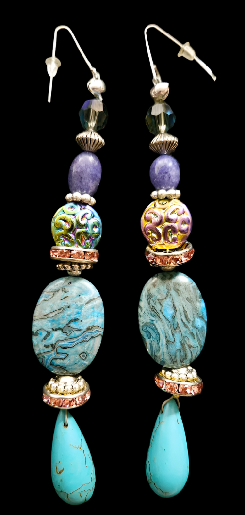 Blue & Purple Gemstone Shoulder Duster Statement Earrings - Couture