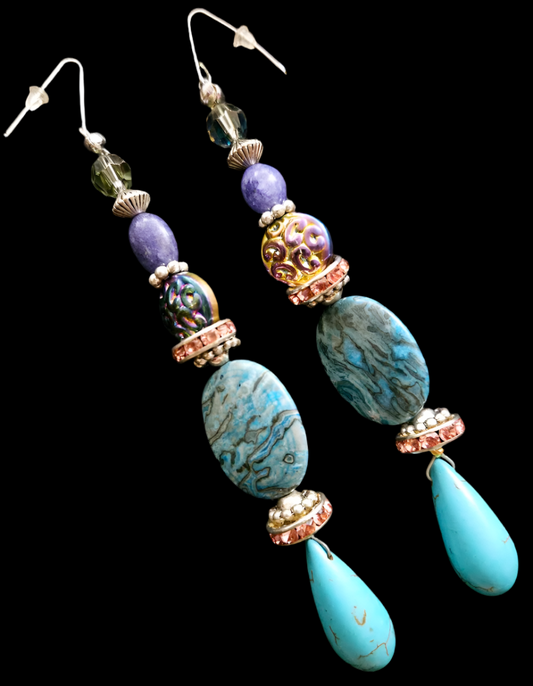 Blue & Purple Gemstone Shoulder Duster Statement Earrings - Couture