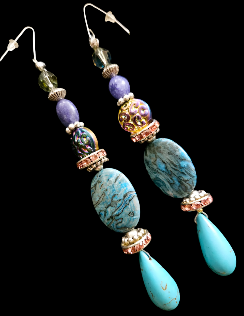 Blue and Purple Gemstone Shoulder Duster Statement Earrings Jasper M