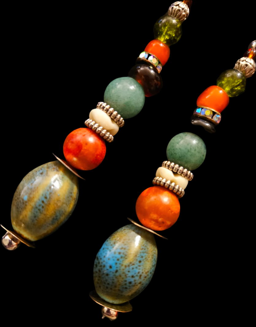 Olivine and Orange Beaded Dangle Pierced Statement Earrings Autumn W