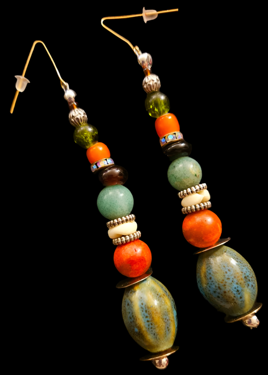 Olivine and Orange Beaded Dangle Pierced Statement Earrings Autumn W