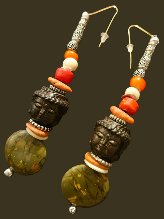 Agarwood Buddha & Jasper Autumn Beaded Dangle Pierced Statement Earrin