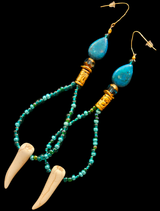 Exotic Blue Green Seed & Tusk Shoulder Dusters Tribal Inspired Be